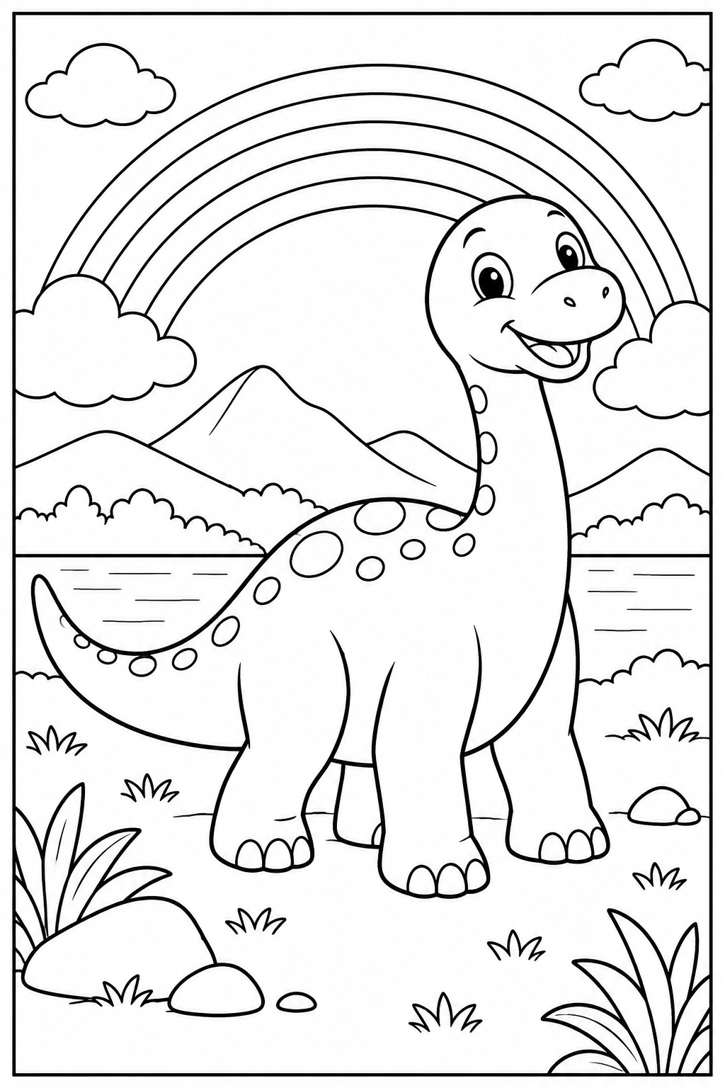 Dinosaur under a rainbow — More details — printable coloring page