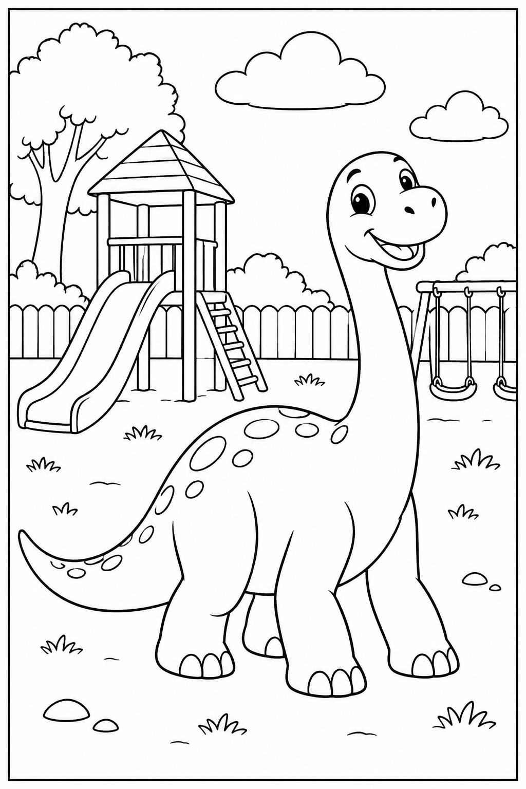 Dinosaur at the playground — More details — printable coloring page