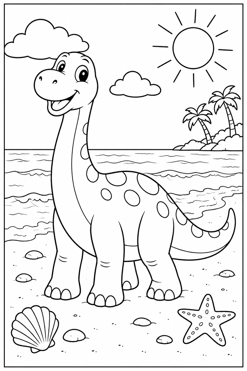 Dinosaur at the beach — More details — printable coloring page