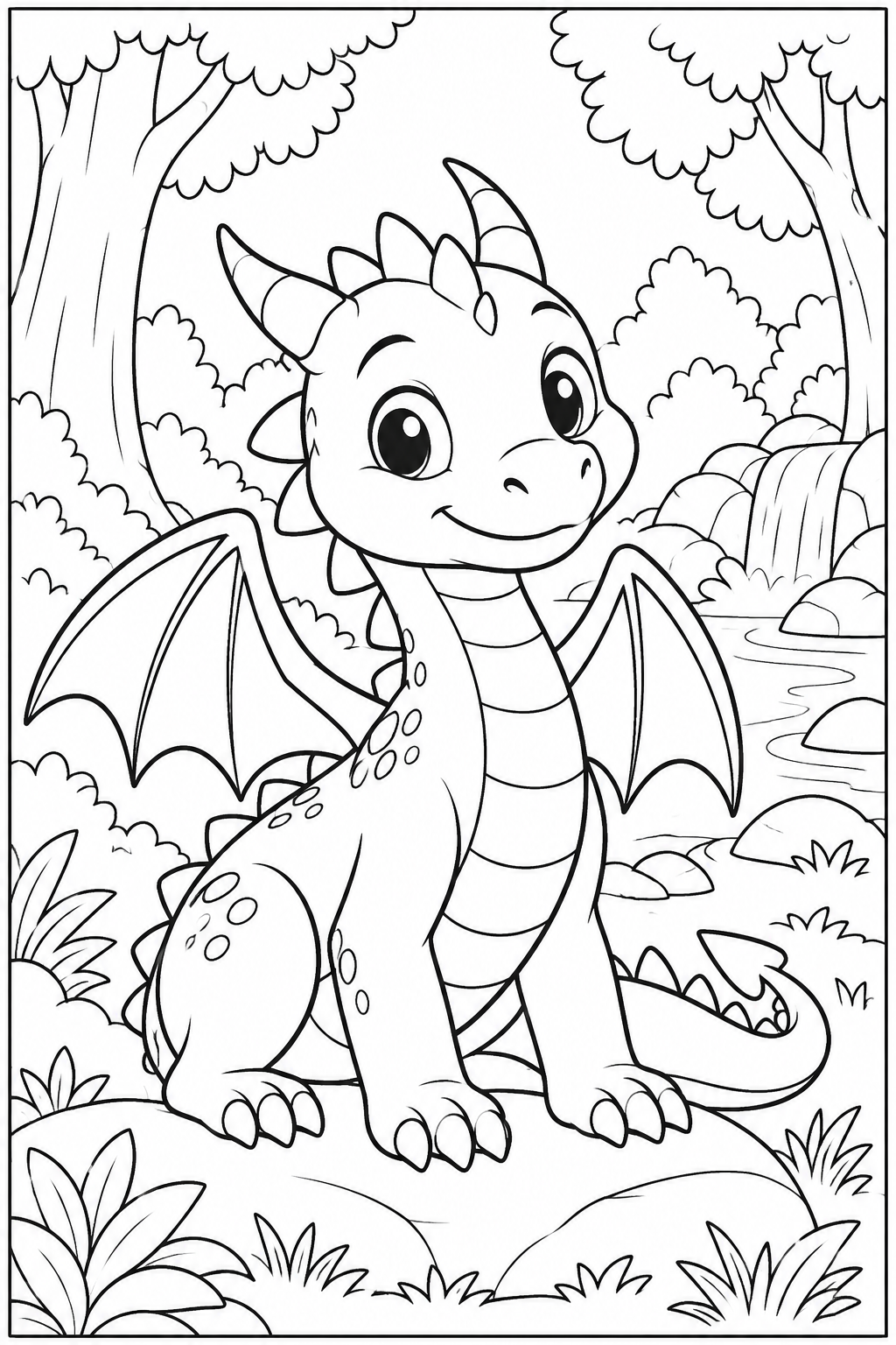 Dragon in the forest — More details — printable coloring page