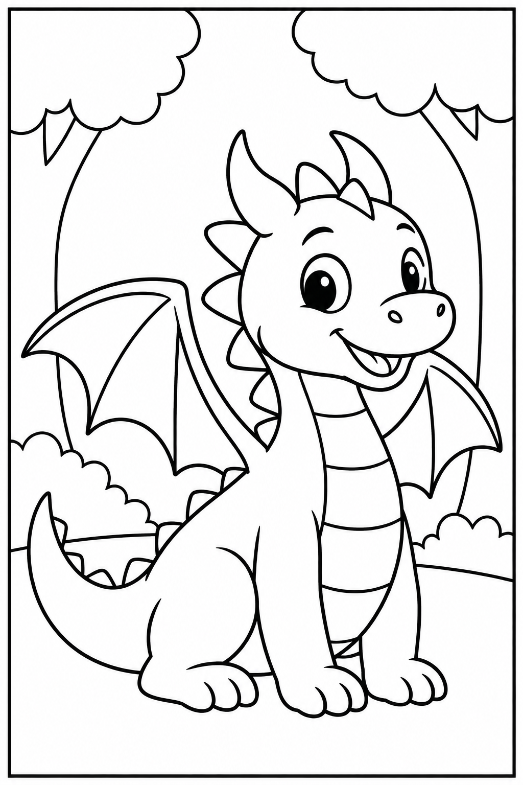 Dragon in the forest — Large shapes — printable coloring page