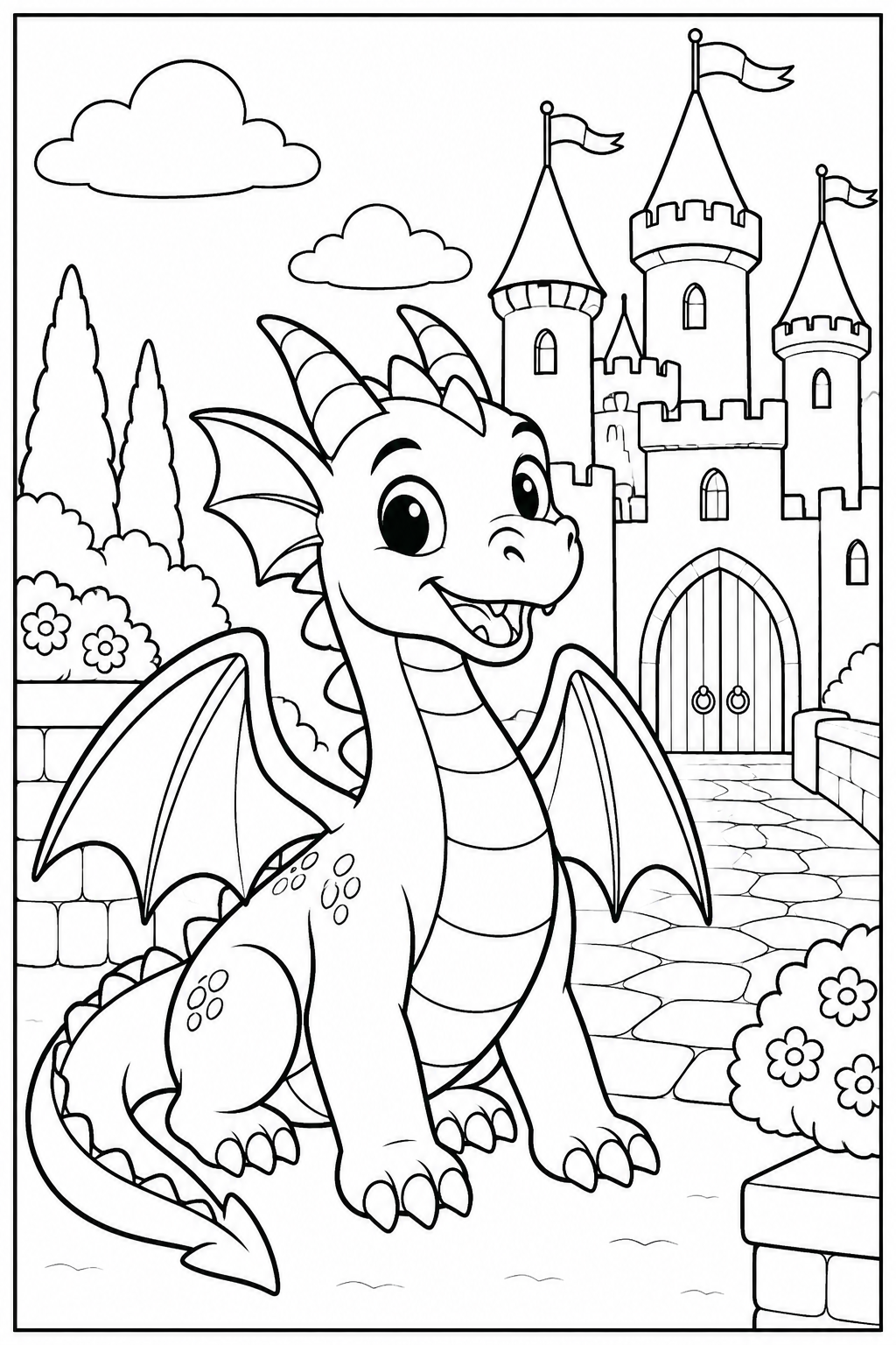 Dragon by a castle — More details — printable coloring page