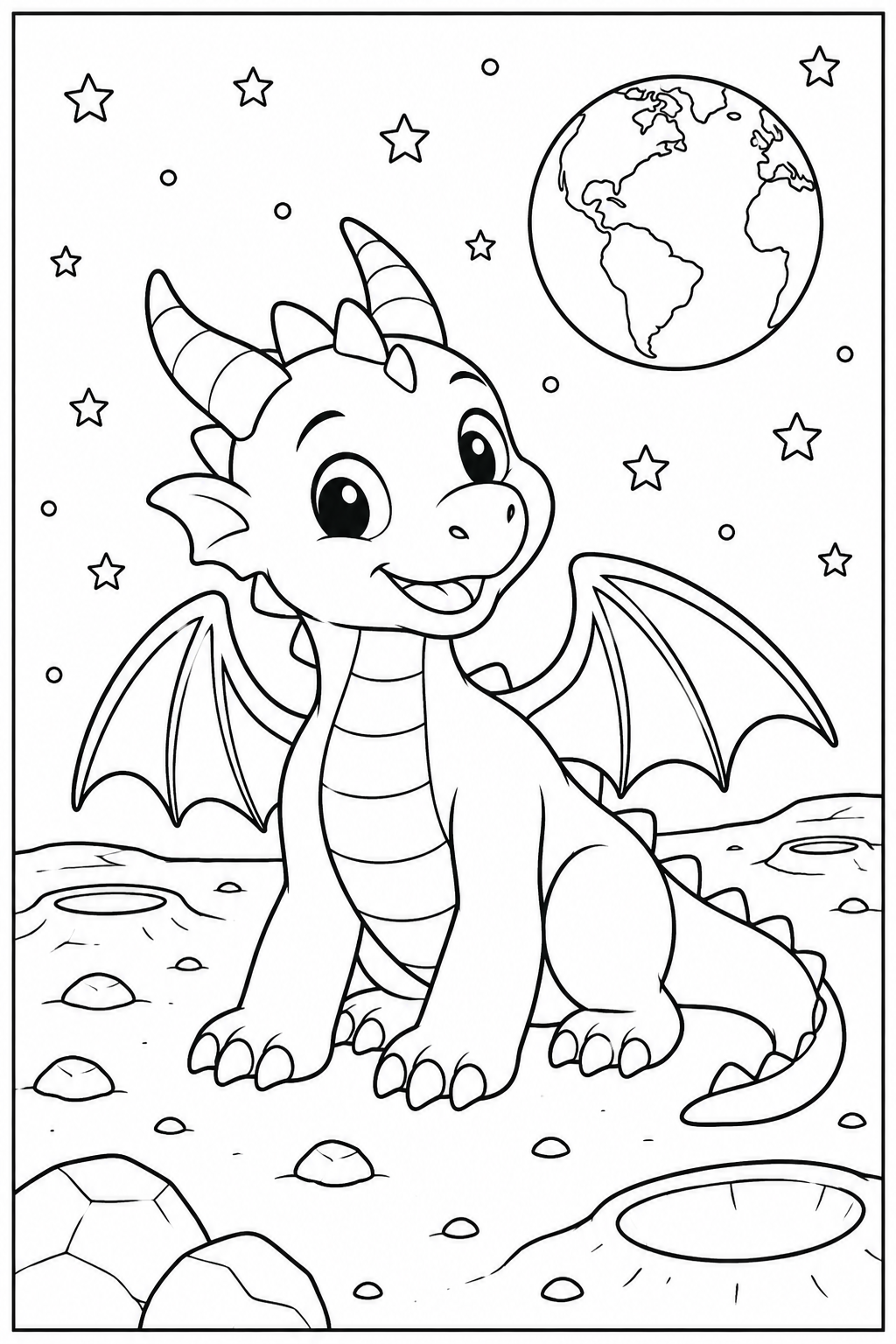 Dragon on the moon — More details — printable coloring page