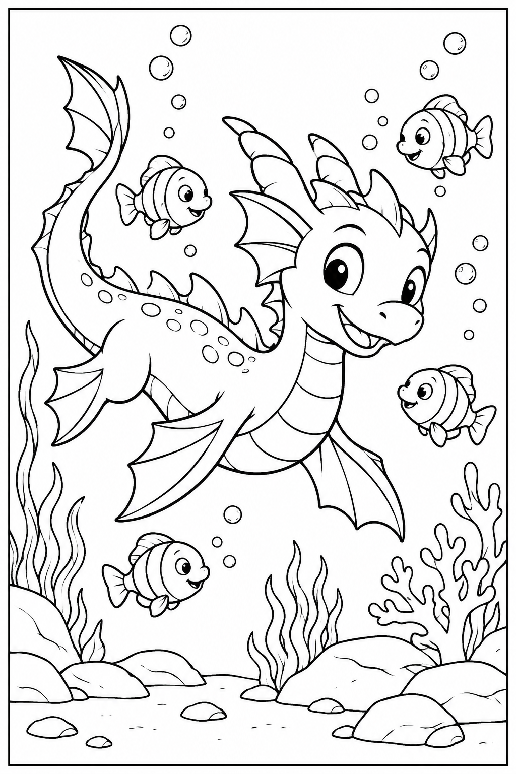 Dragon under the sea — More details — printable coloring page