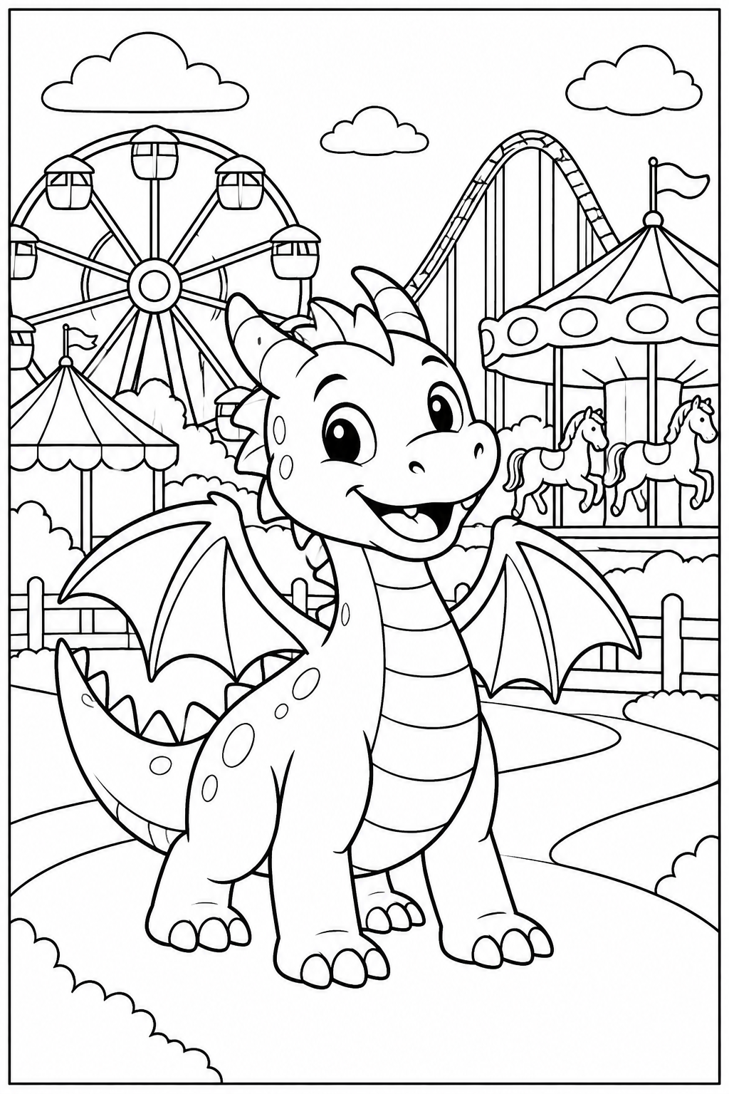 Dragon at the amusement park — More details — printable coloring page