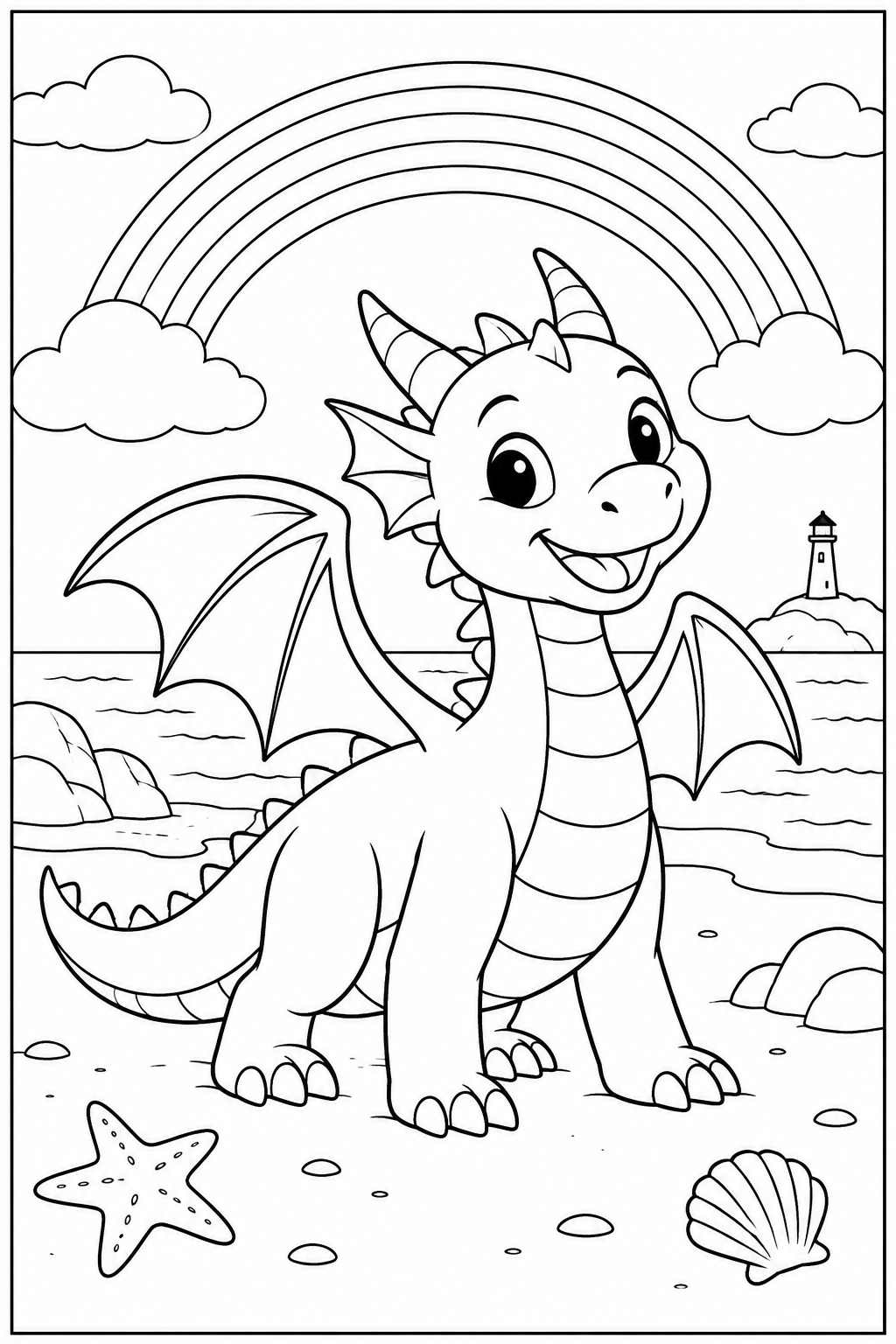 Dragon under a rainbow — More details — printable coloring page