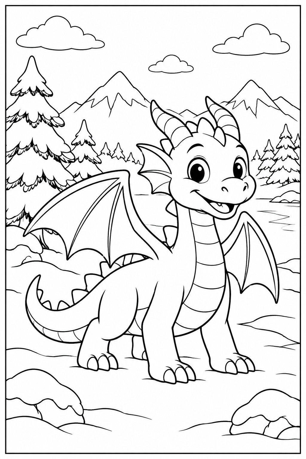 Dragon in the snow — More details — printable coloring page