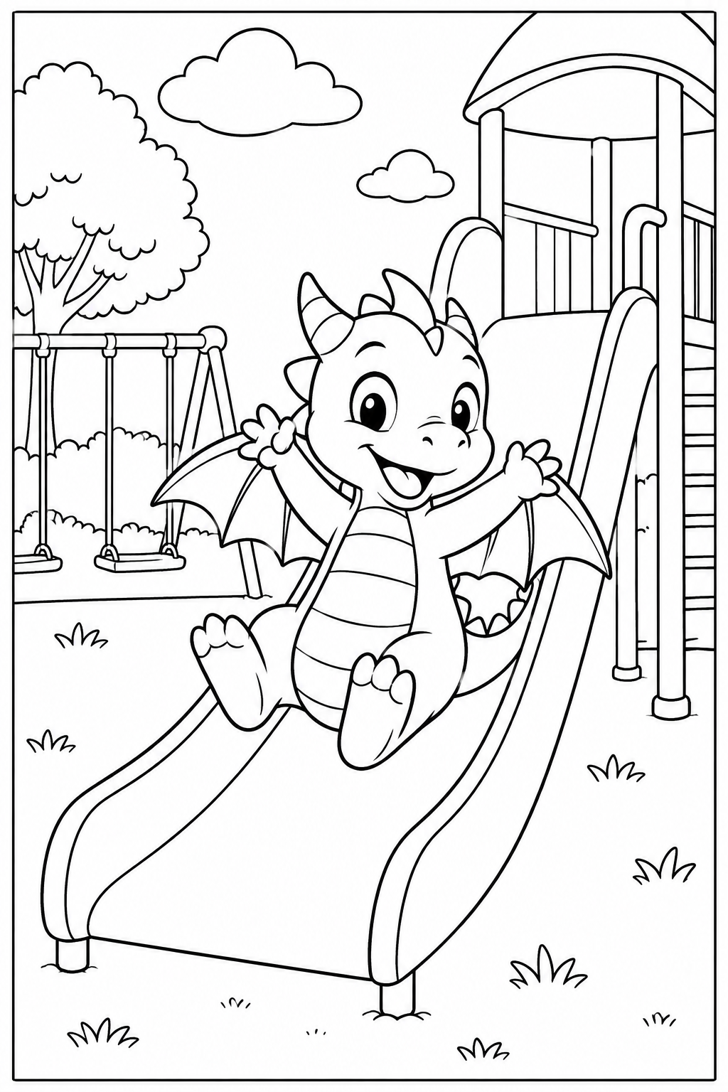 Dragon at the playground — More details — printable coloring page