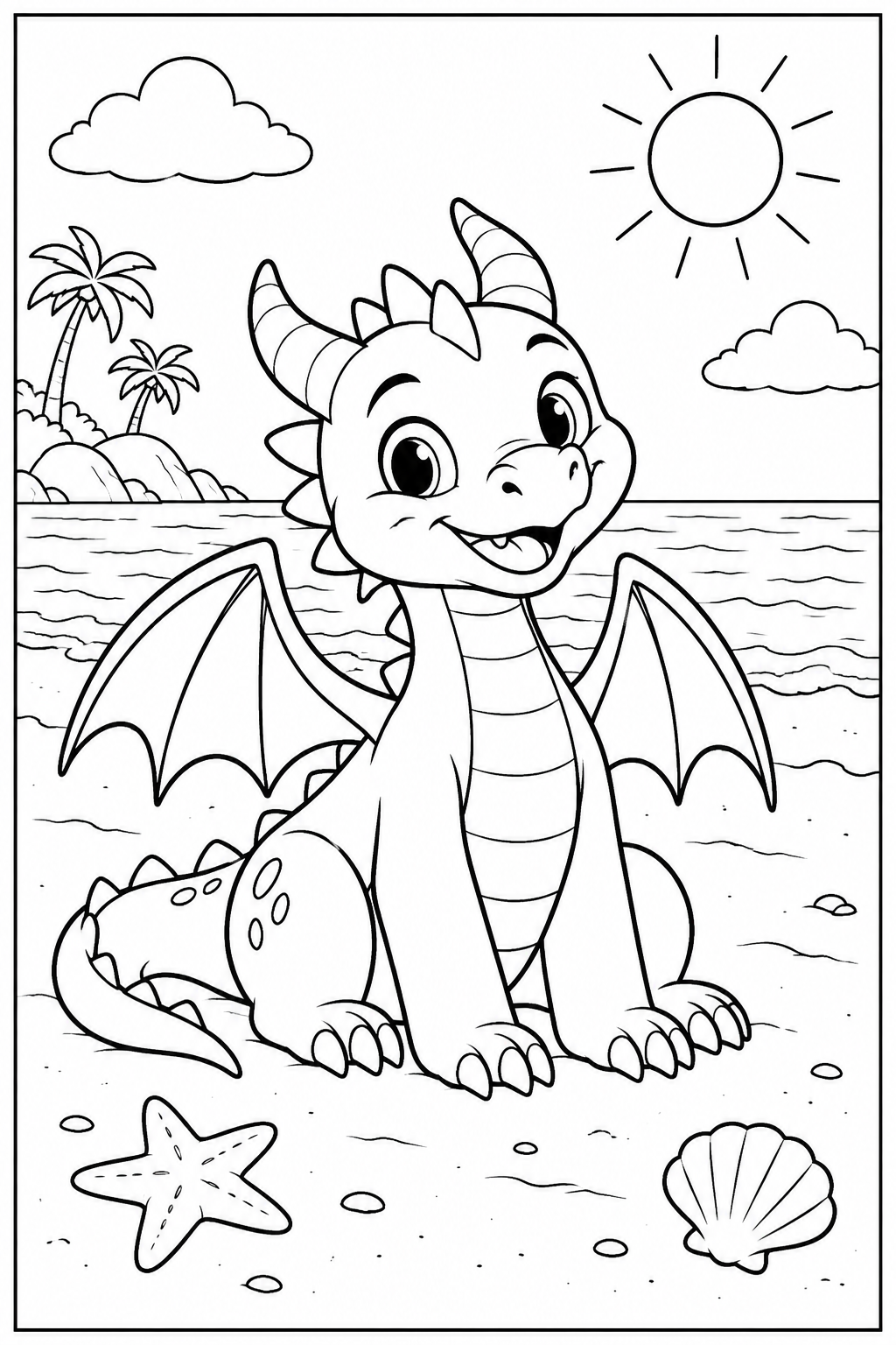 Dragon at the beach — More details — printable coloring page
