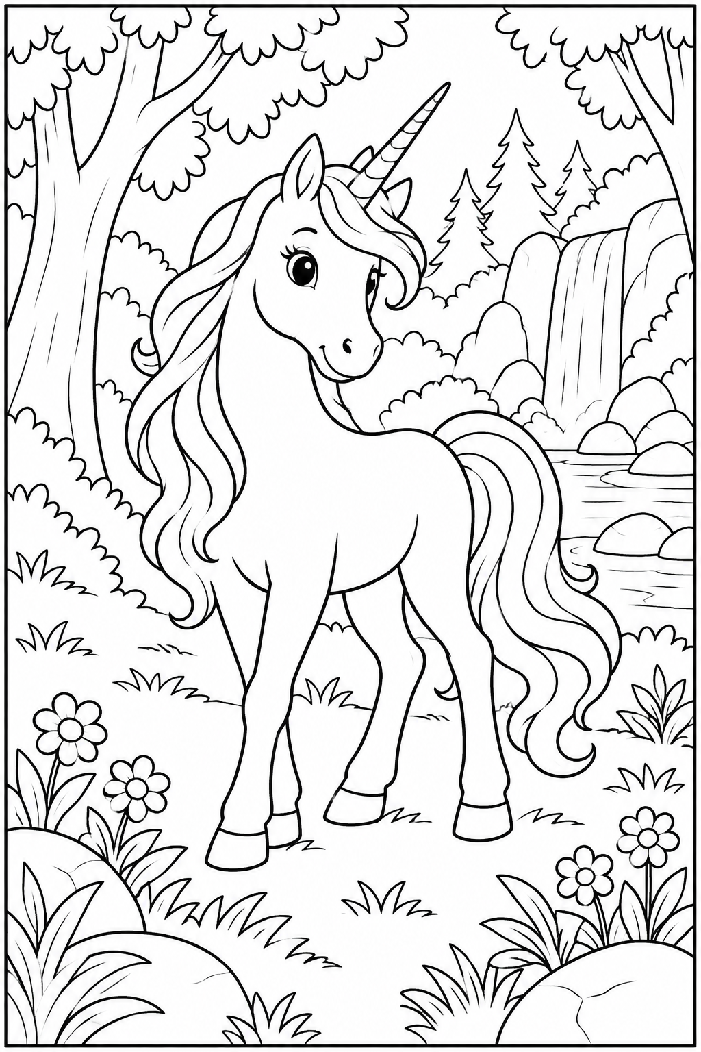 Unicorn in the forest — More details — printable coloring page