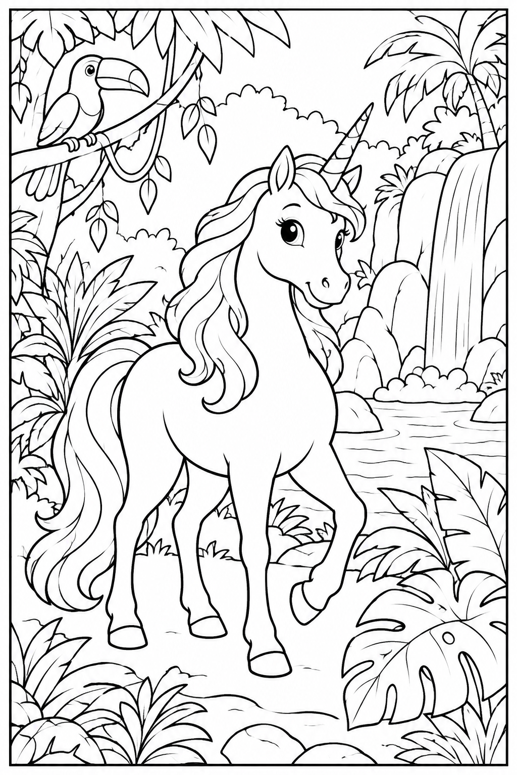 Unicorn in the jungle — More details — printable coloring page