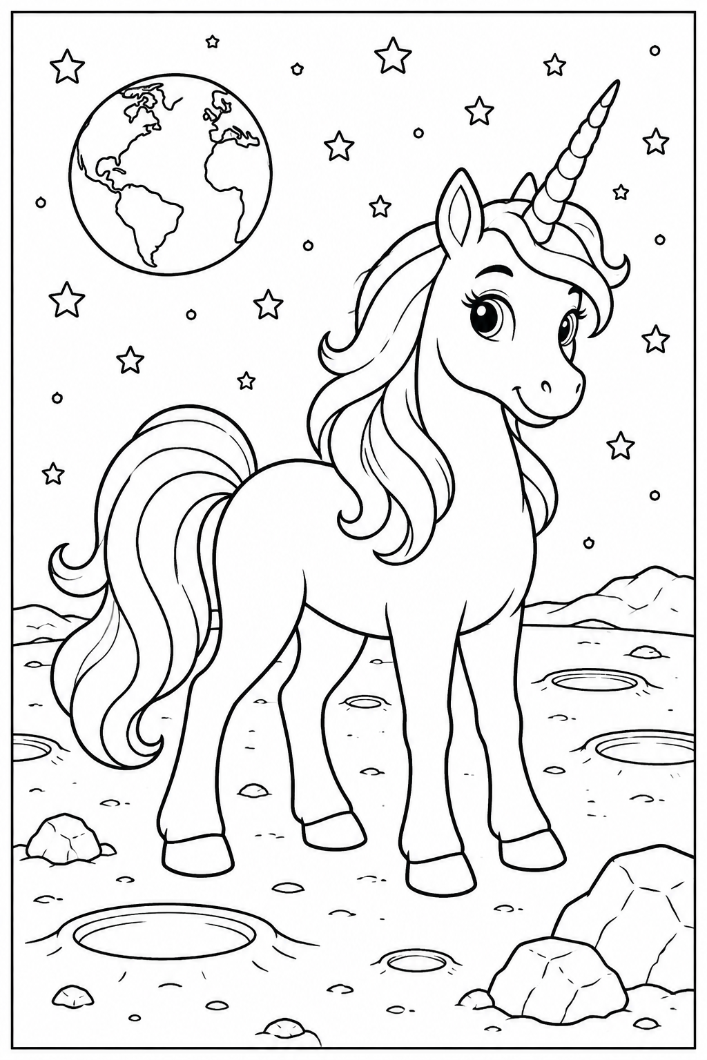 Unicorn on the moon — More details — printable coloring page