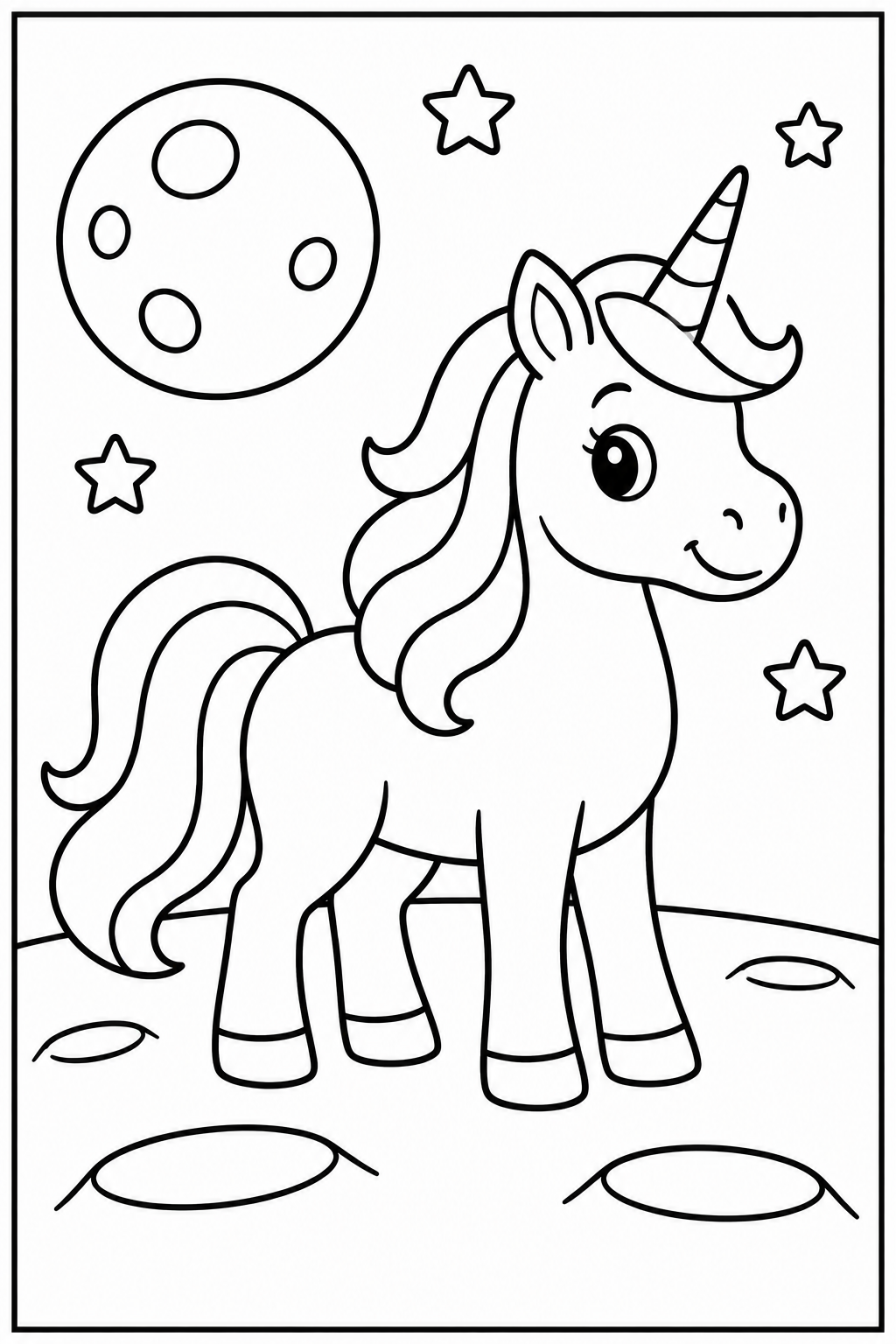 Unicorn on the moon — Large shapes — printable coloring page