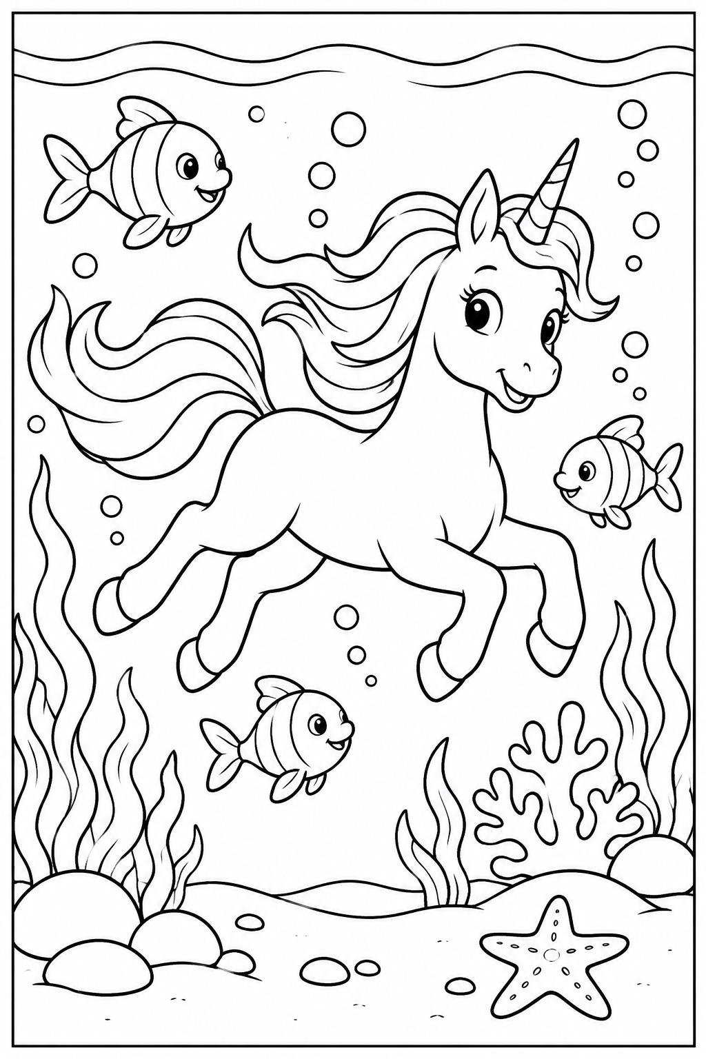 Unicorn under the sea — More details — printable coloring page