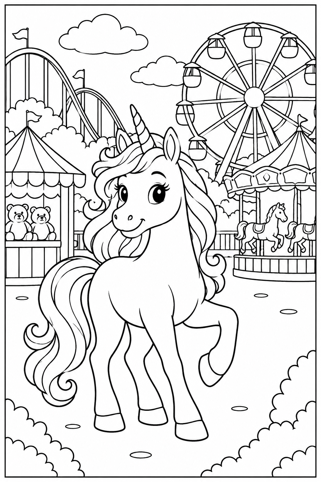 Unicorn at the amusement park — More details — printable coloring page