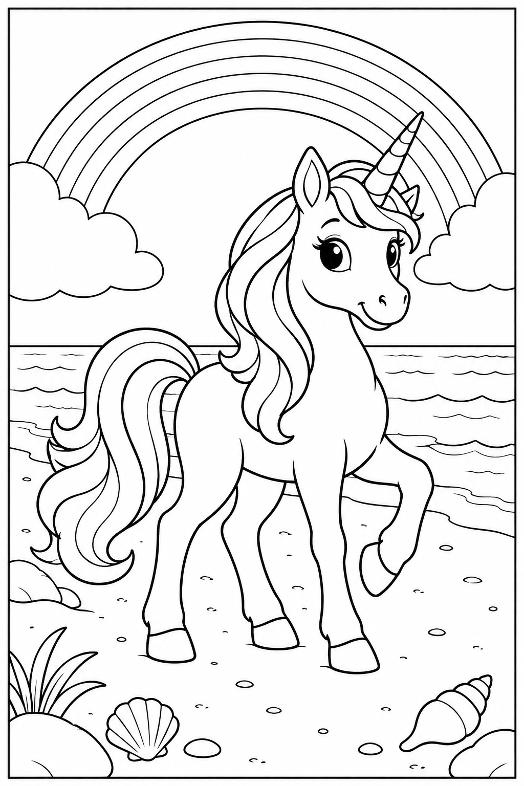 Unicorn under a rainbow — More details — printable coloring page