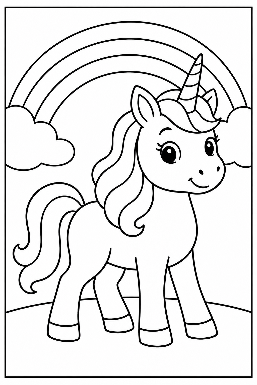 Unicorn under a rainbow — Large shapes — printable coloring page
