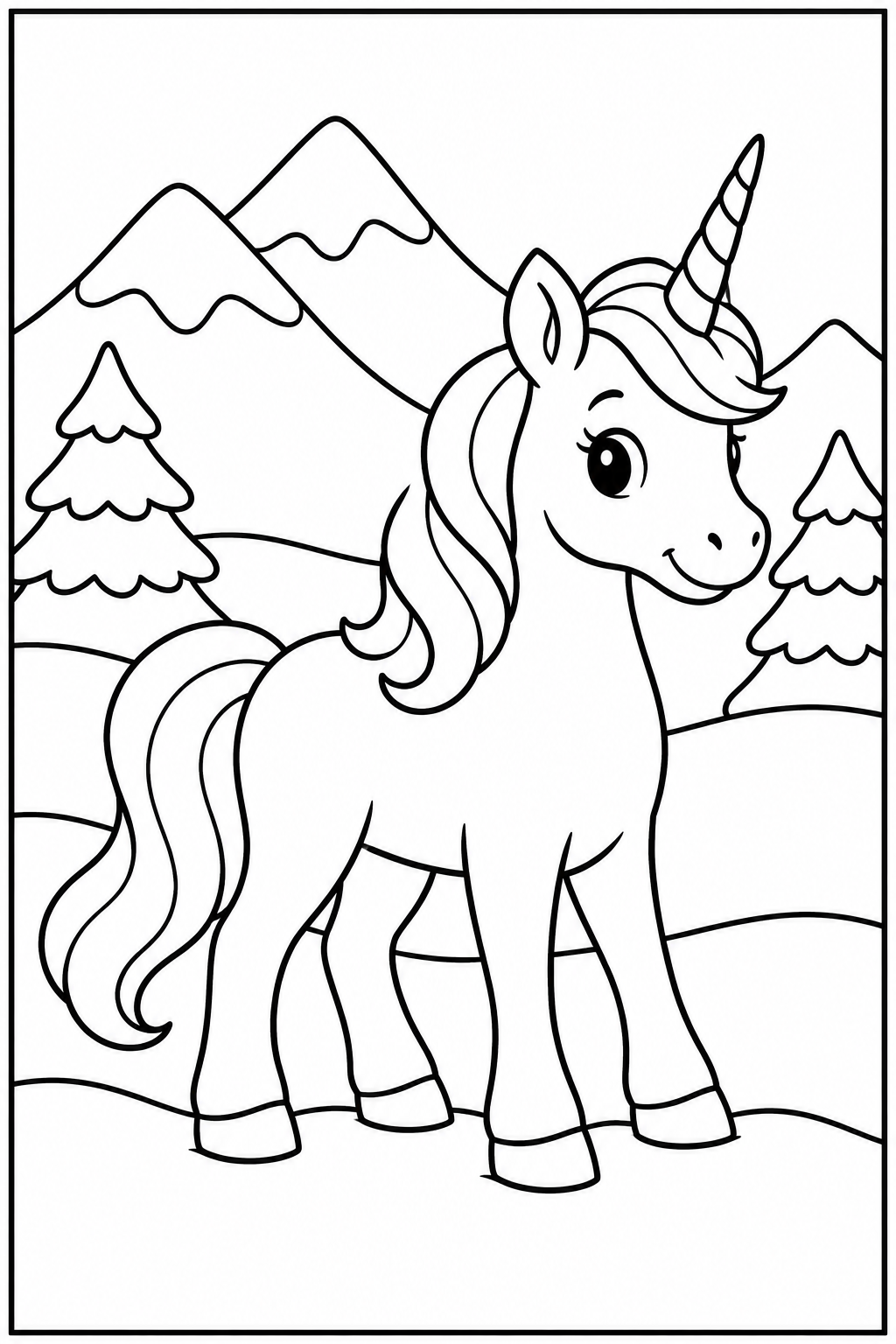 Unicorn in the snow — More details — printable coloring page