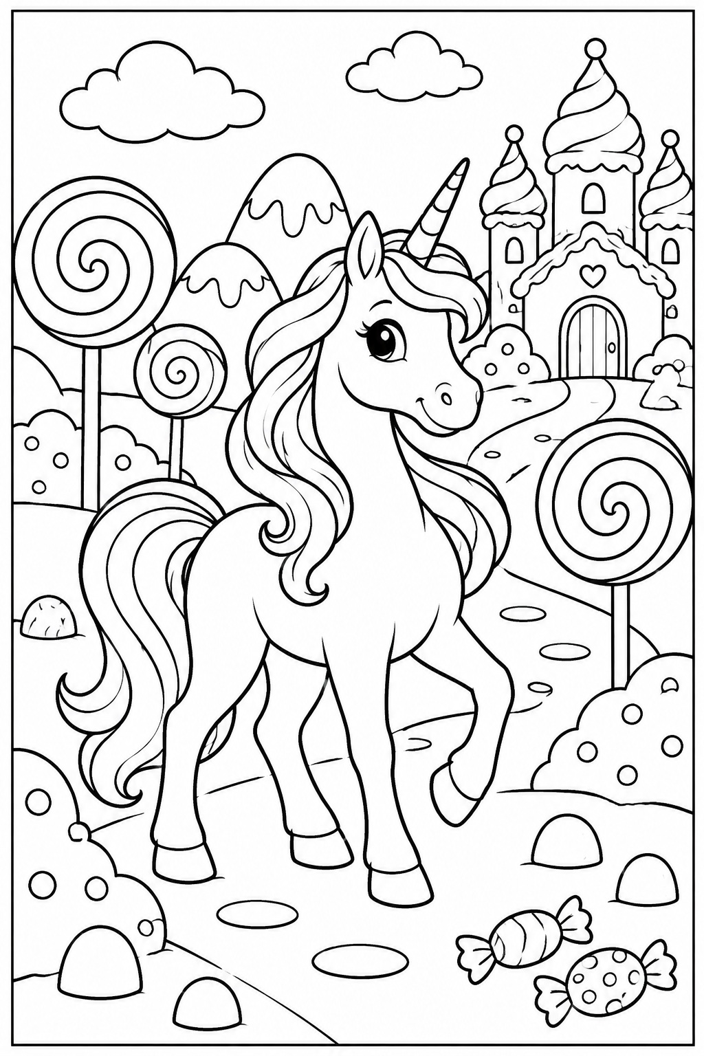 Unicorn in candy land — More details — printable coloring page