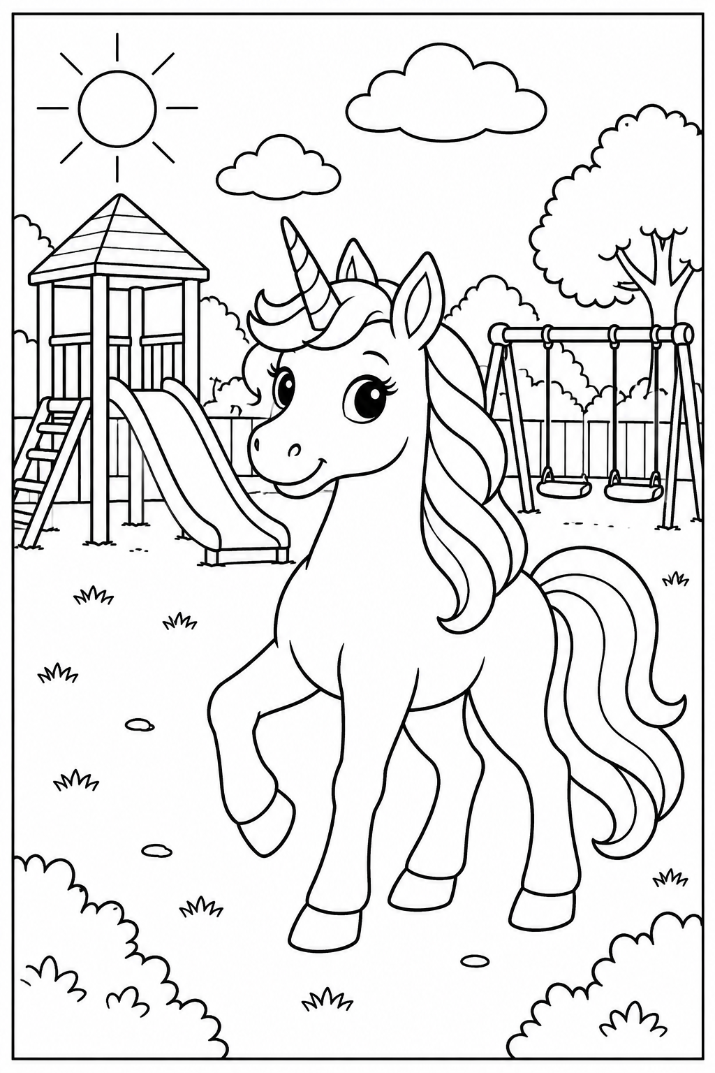 Unicorn at the playground — More details — printable coloring page