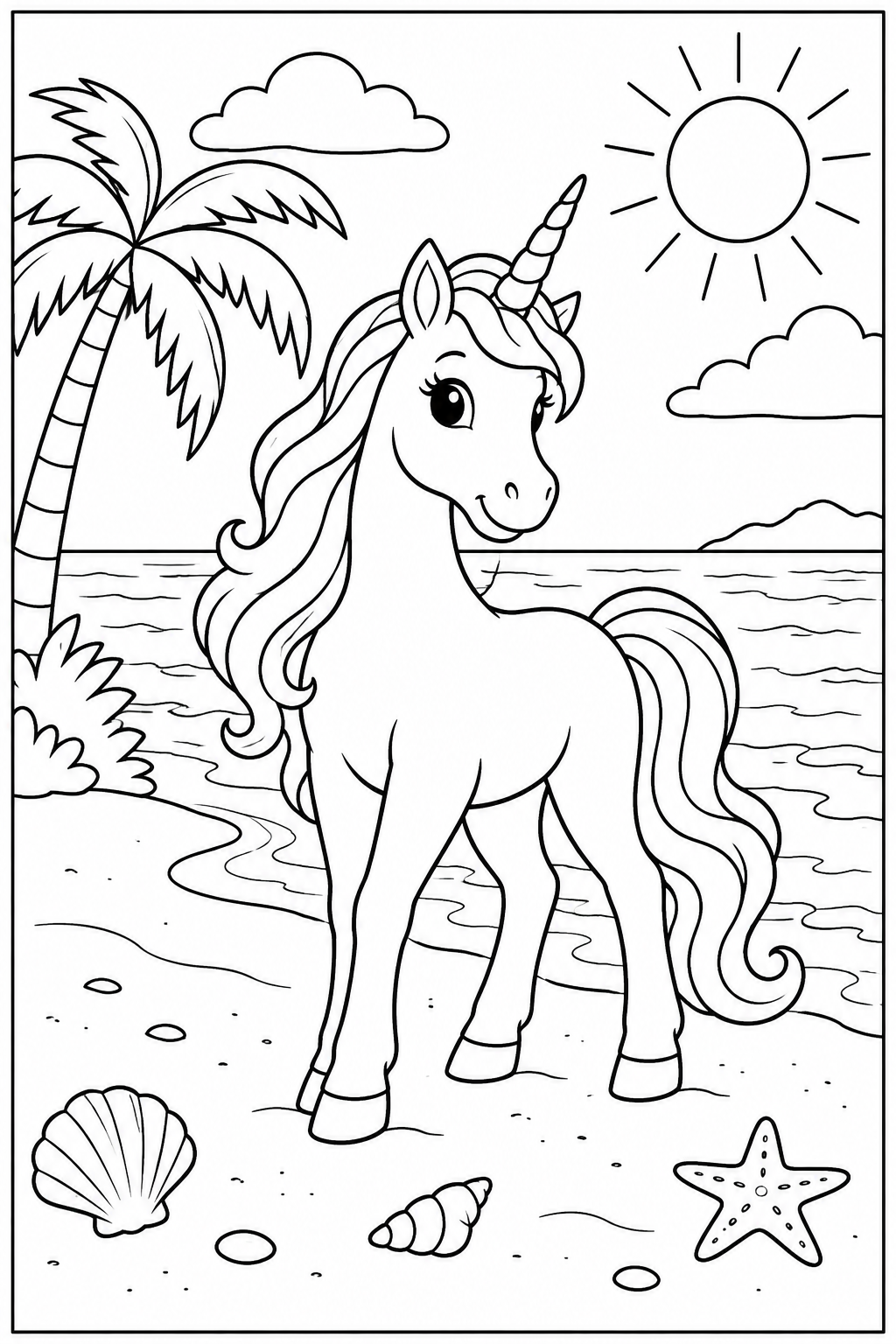 Unicorn at the beach — More details — printable coloring page