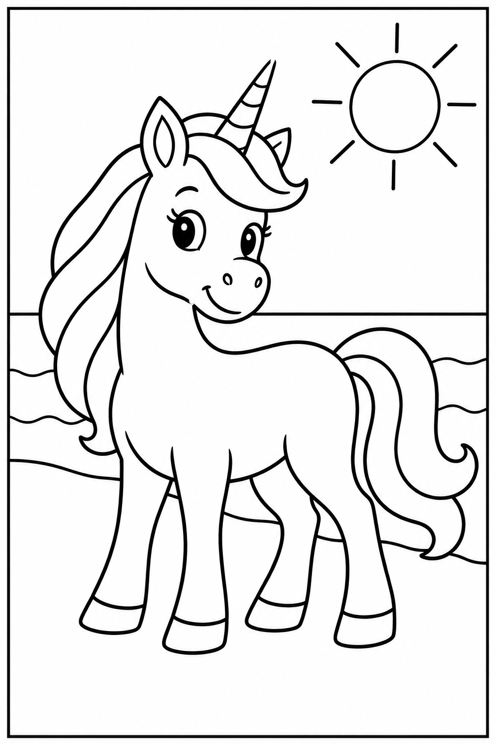 Unicorn at the beach — Large shapes — printable coloring page