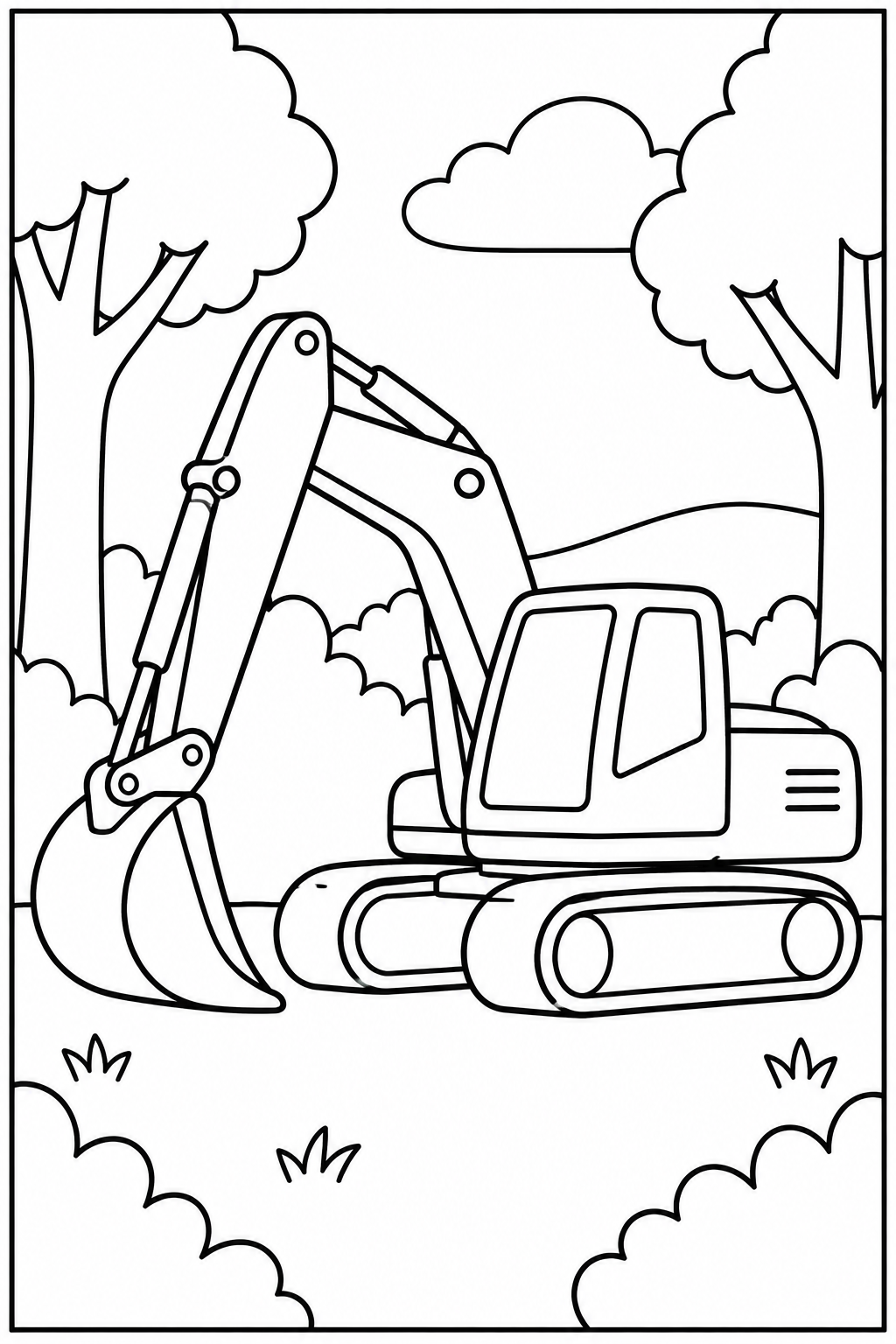 Excavator in the forest — More details — printable coloring page