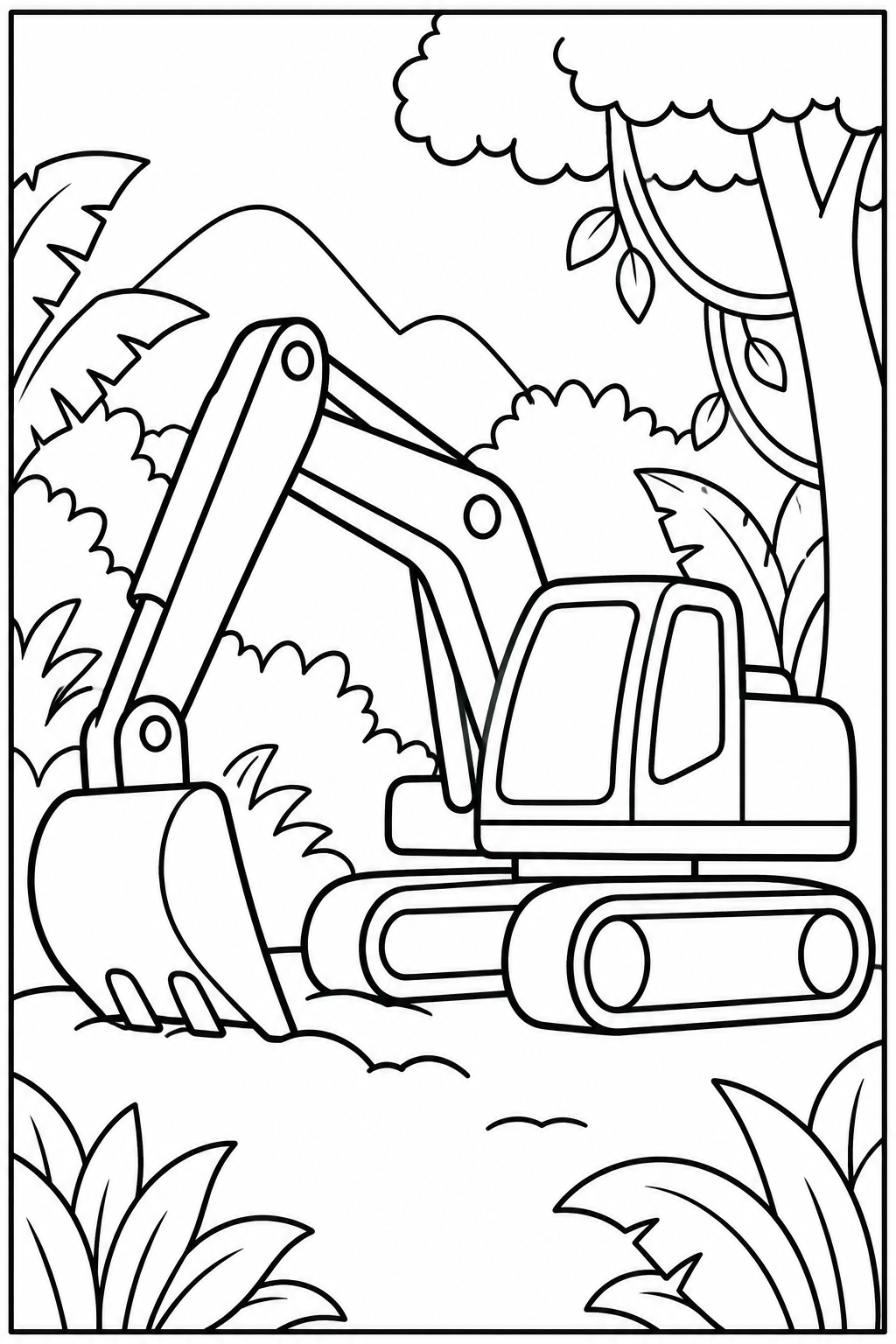 Excavator in the jungle — More details — printable coloring page