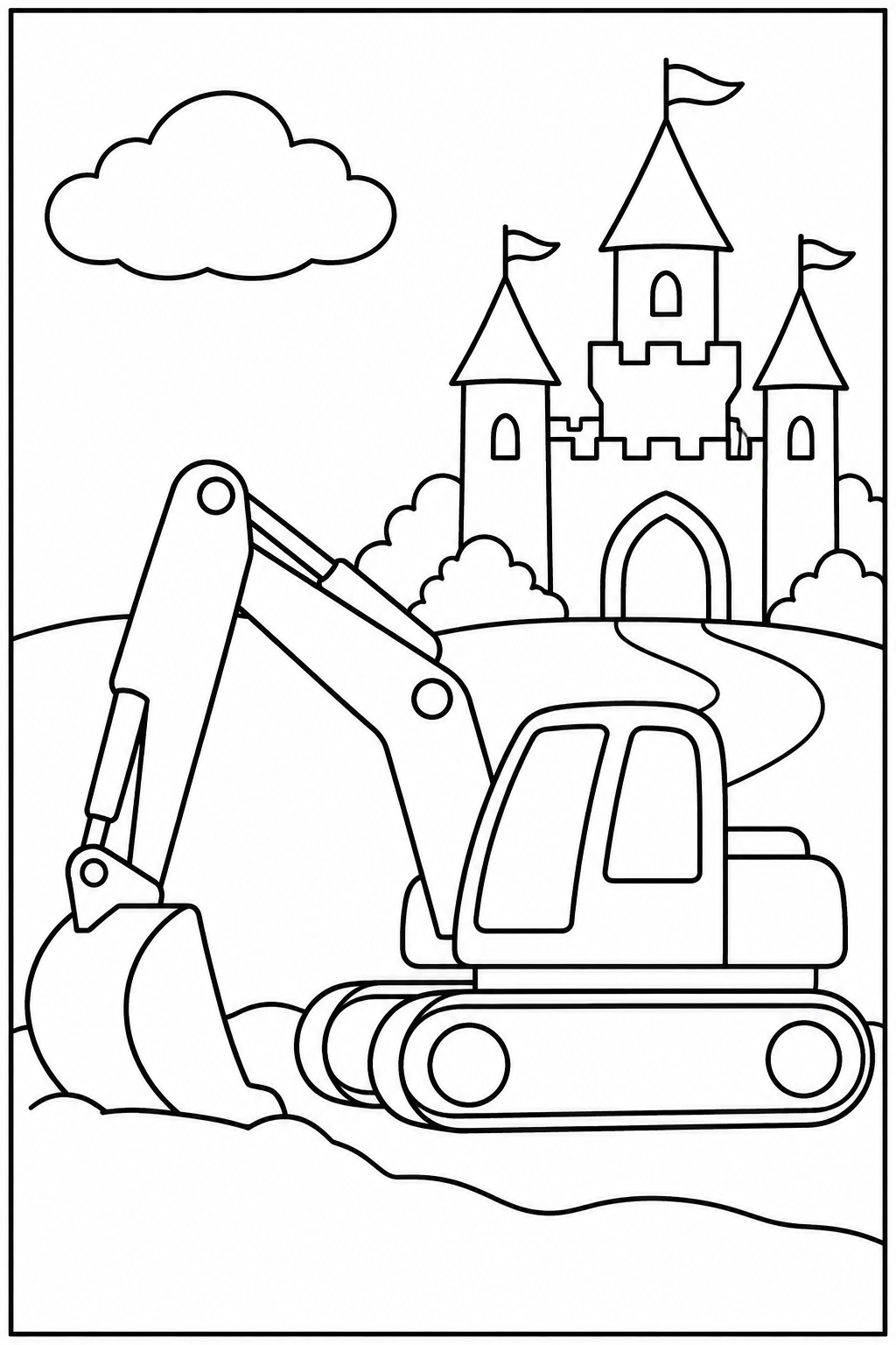 Excavator by a castle — More details — printable coloring page