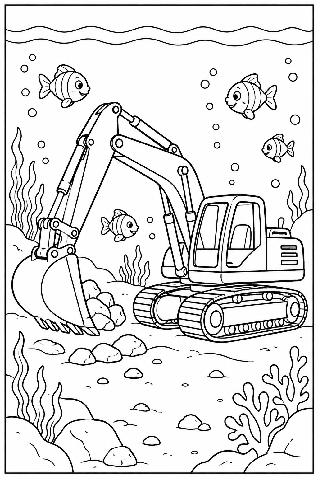 Excavator under the sea — More details — printable coloring page