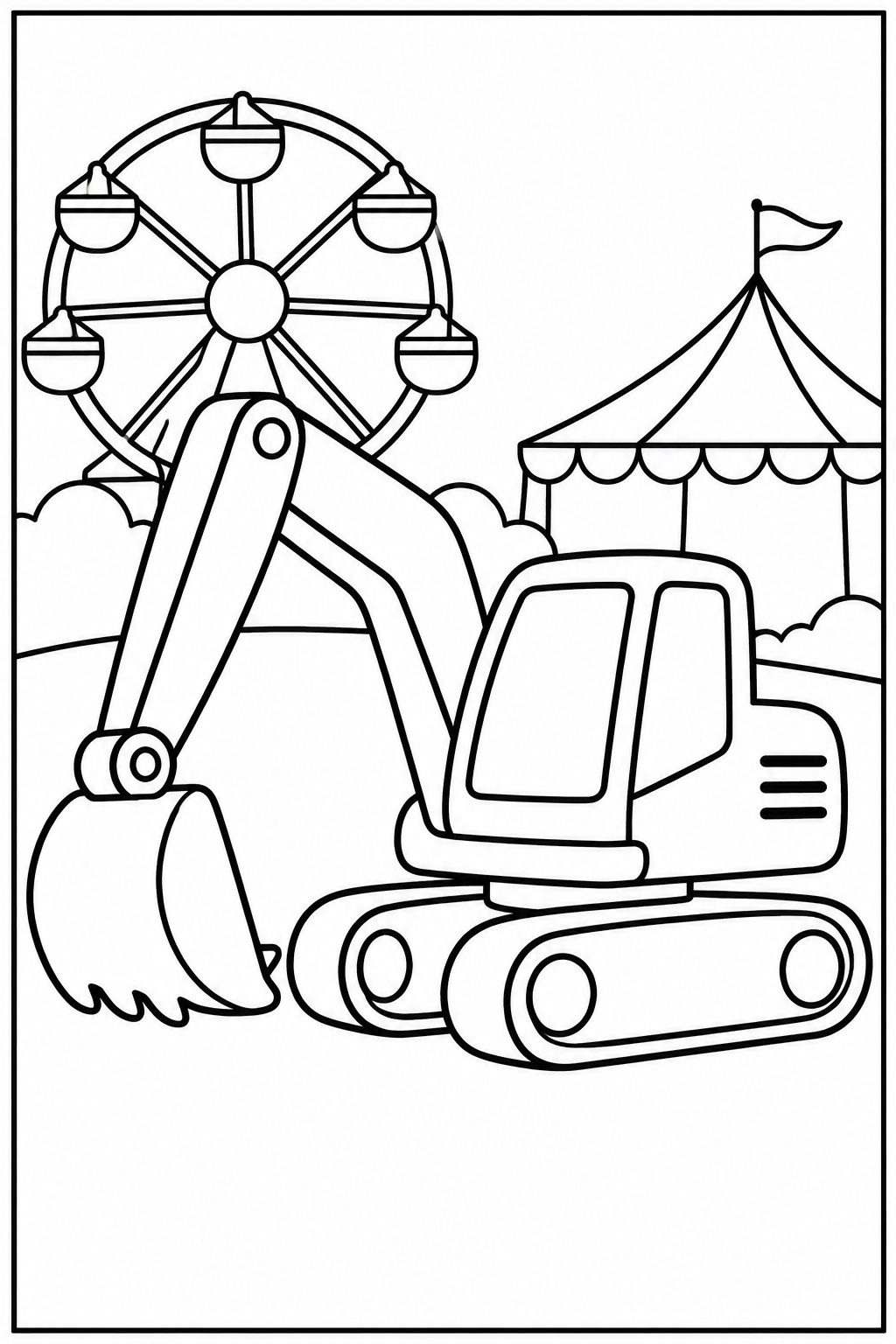 Excavator at the amusement park — More details — printable coloring page