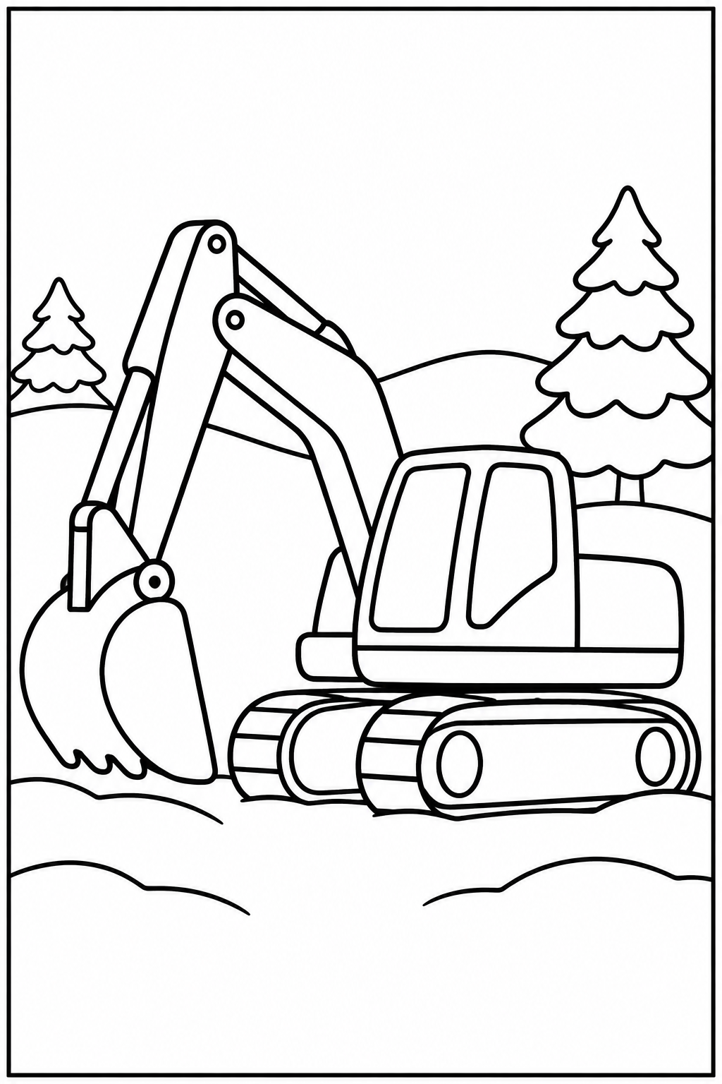 Excavator in the snow — More details — printable coloring page