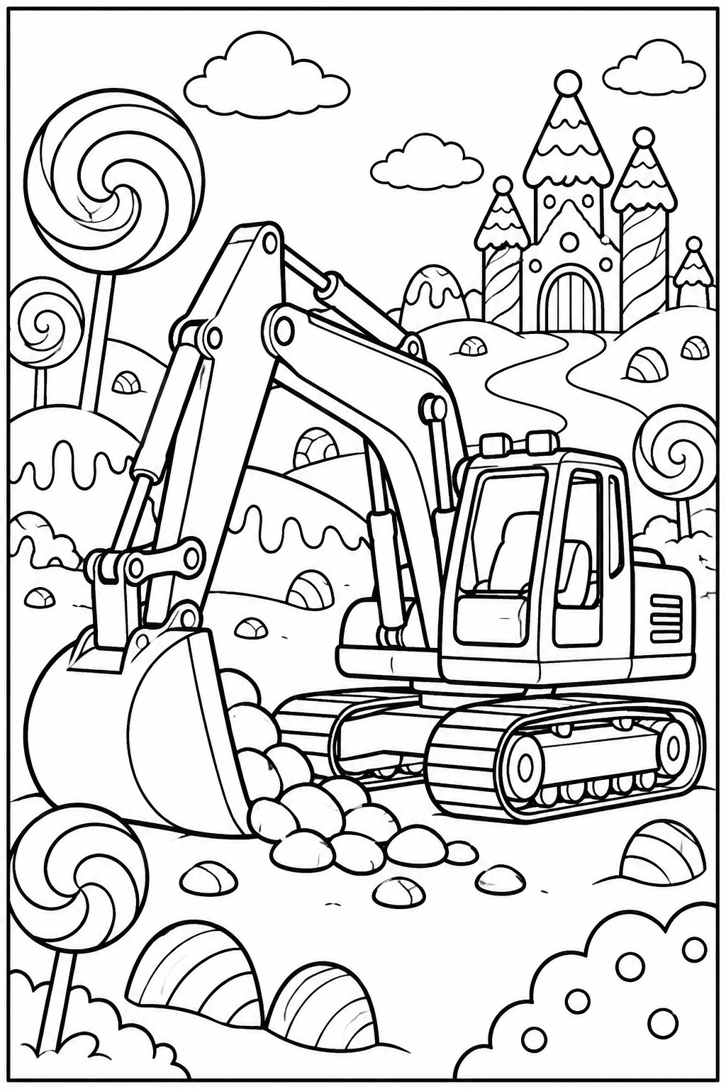 Excavator in candy land — More details — printable coloring page