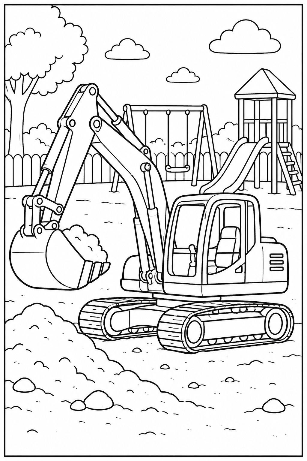 Excavator at the playground — More details — printable coloring page