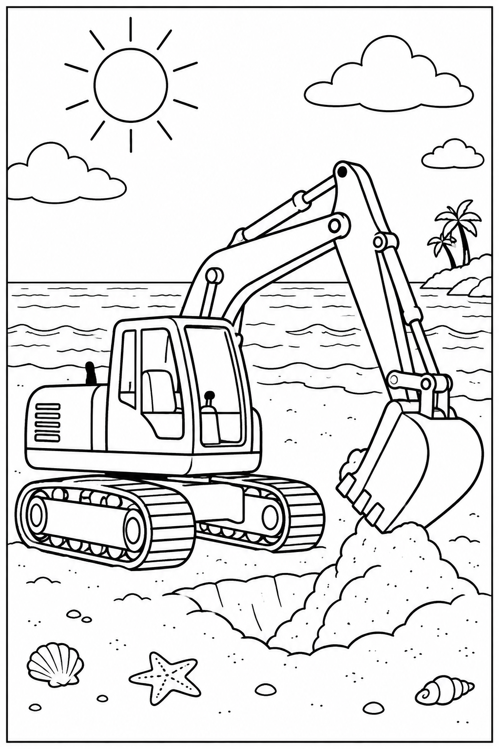 Excavator at the beach — More details — printable coloring page