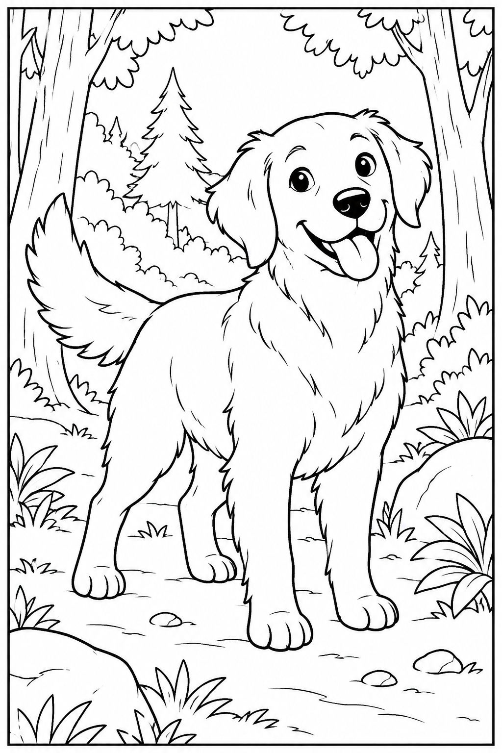Dog in the forest — More details — printable coloring page