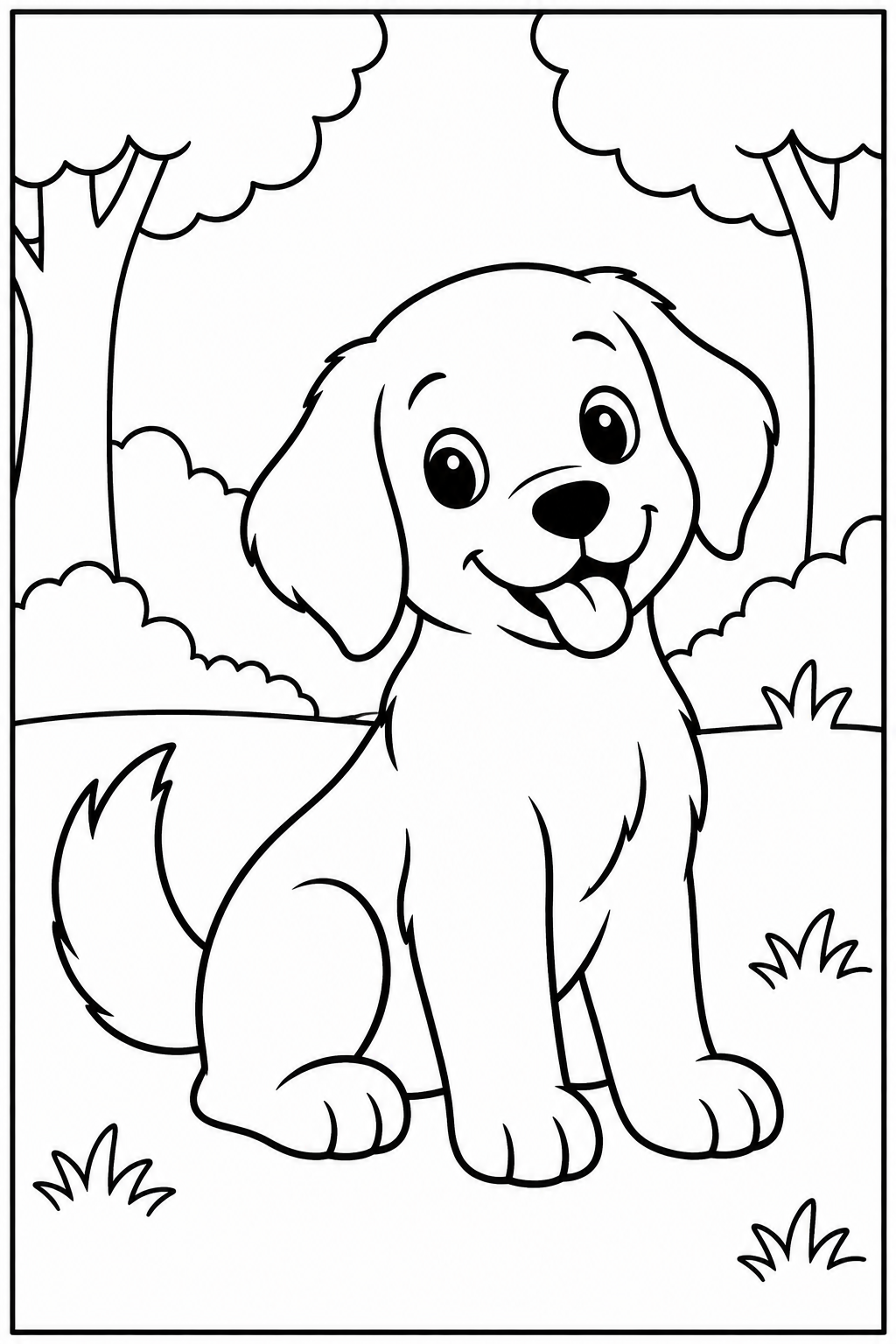 Dog in the forest — Large shapes — printable coloring page