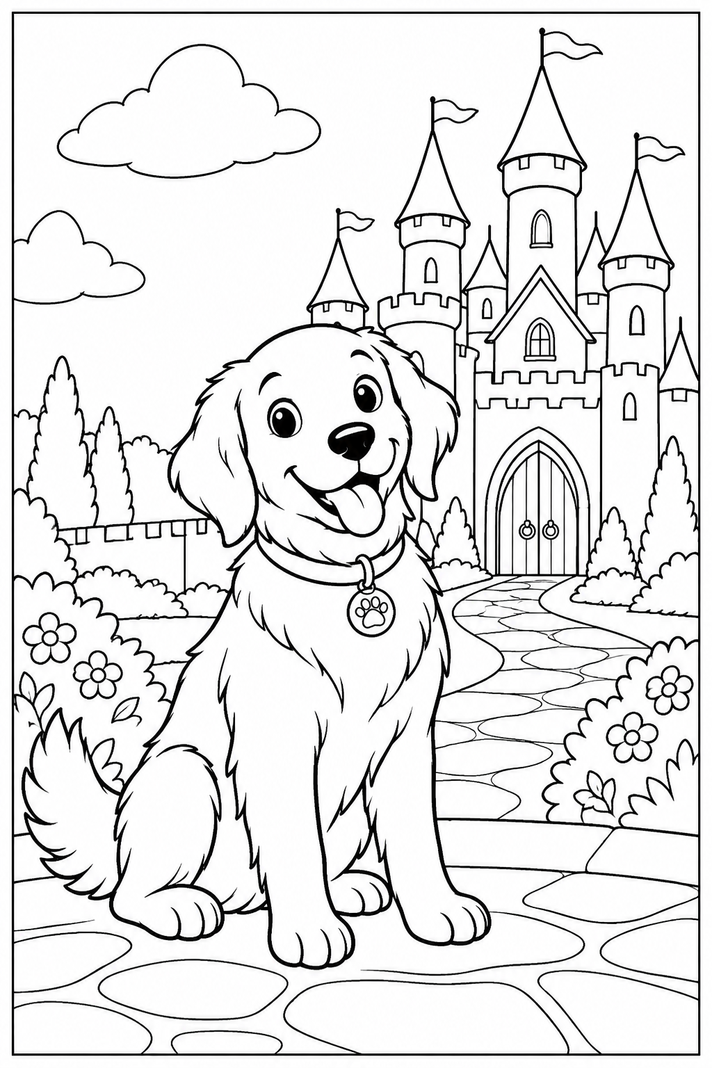 Dog by a castle — More details — printable coloring page
