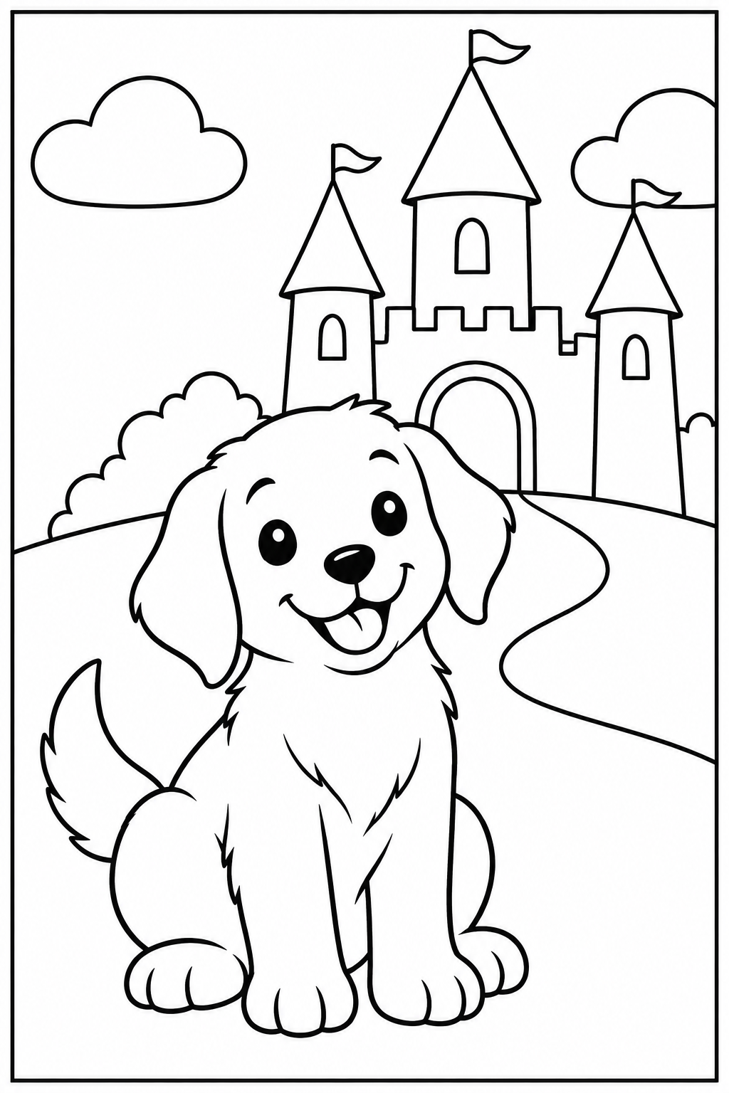 Dog by a castle — Large shapes — printable coloring page
