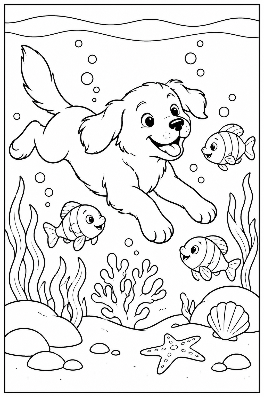 Dog under the sea — More details — printable coloring page