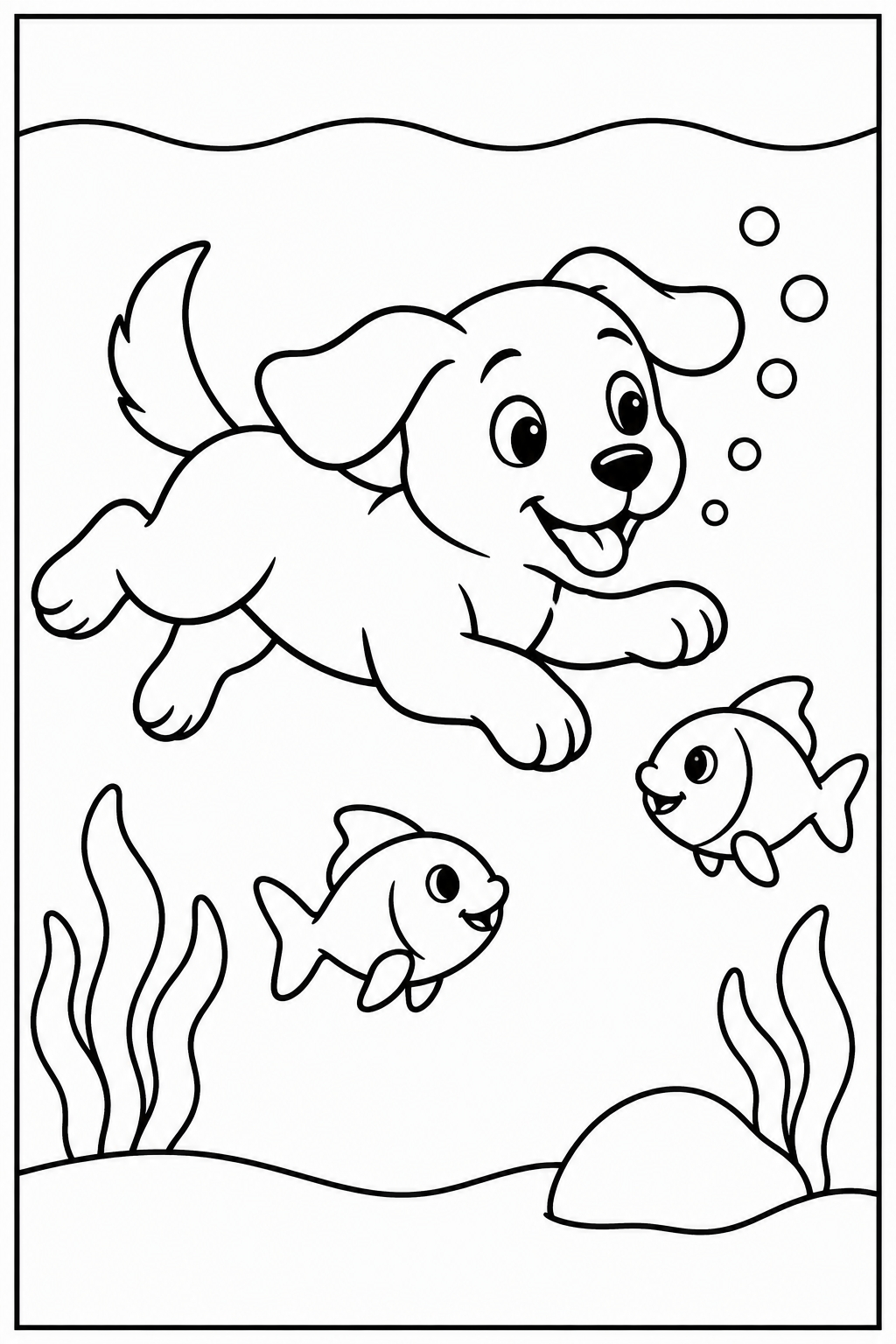 Dog under the sea — Large shapes — printable coloring page