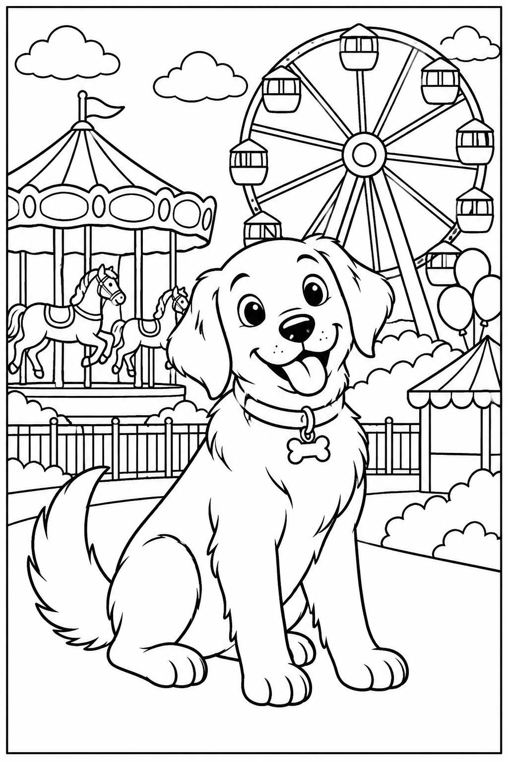 Dog at the amusement park — More details — printable coloring page