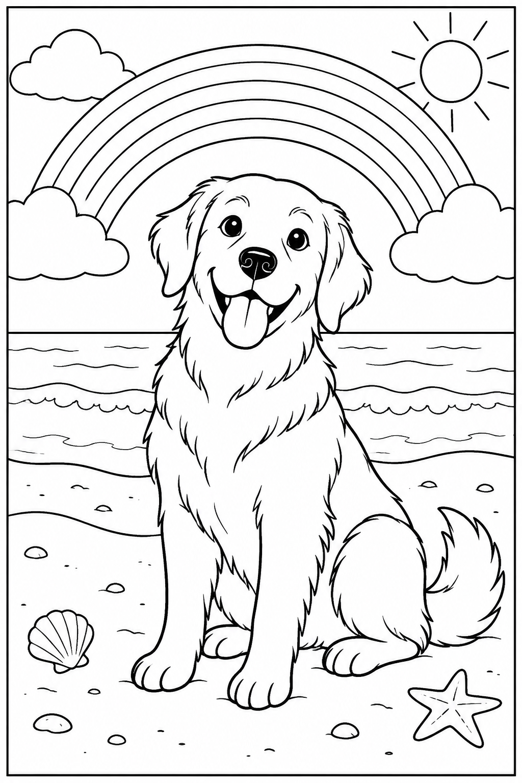Dog under a rainbow — More details — printable coloring page