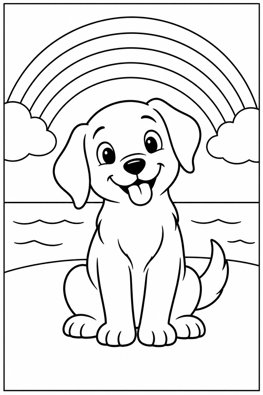 Dog under a rainbow — Large shapes — printable coloring page