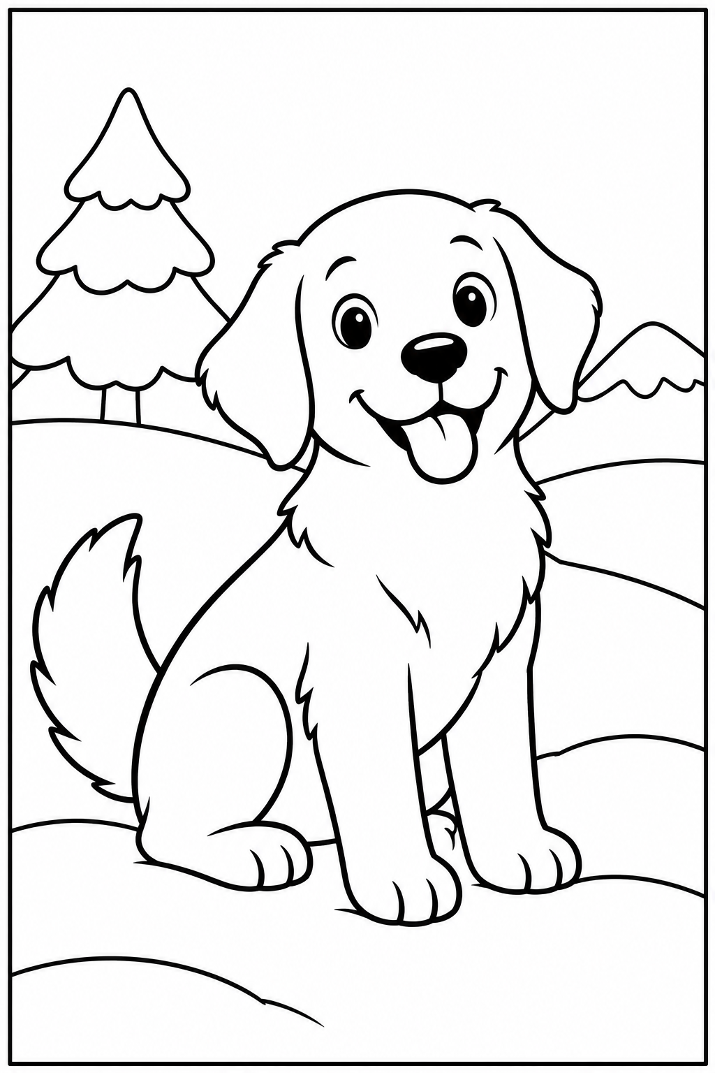 Dog in the snow — Large shapes — printable coloring page