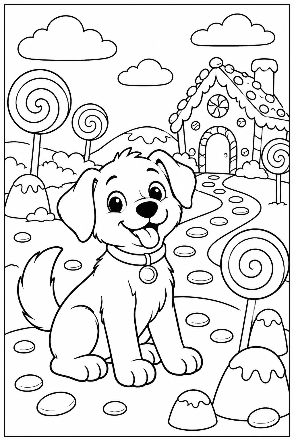 Dog in candy land — More details — printable coloring page