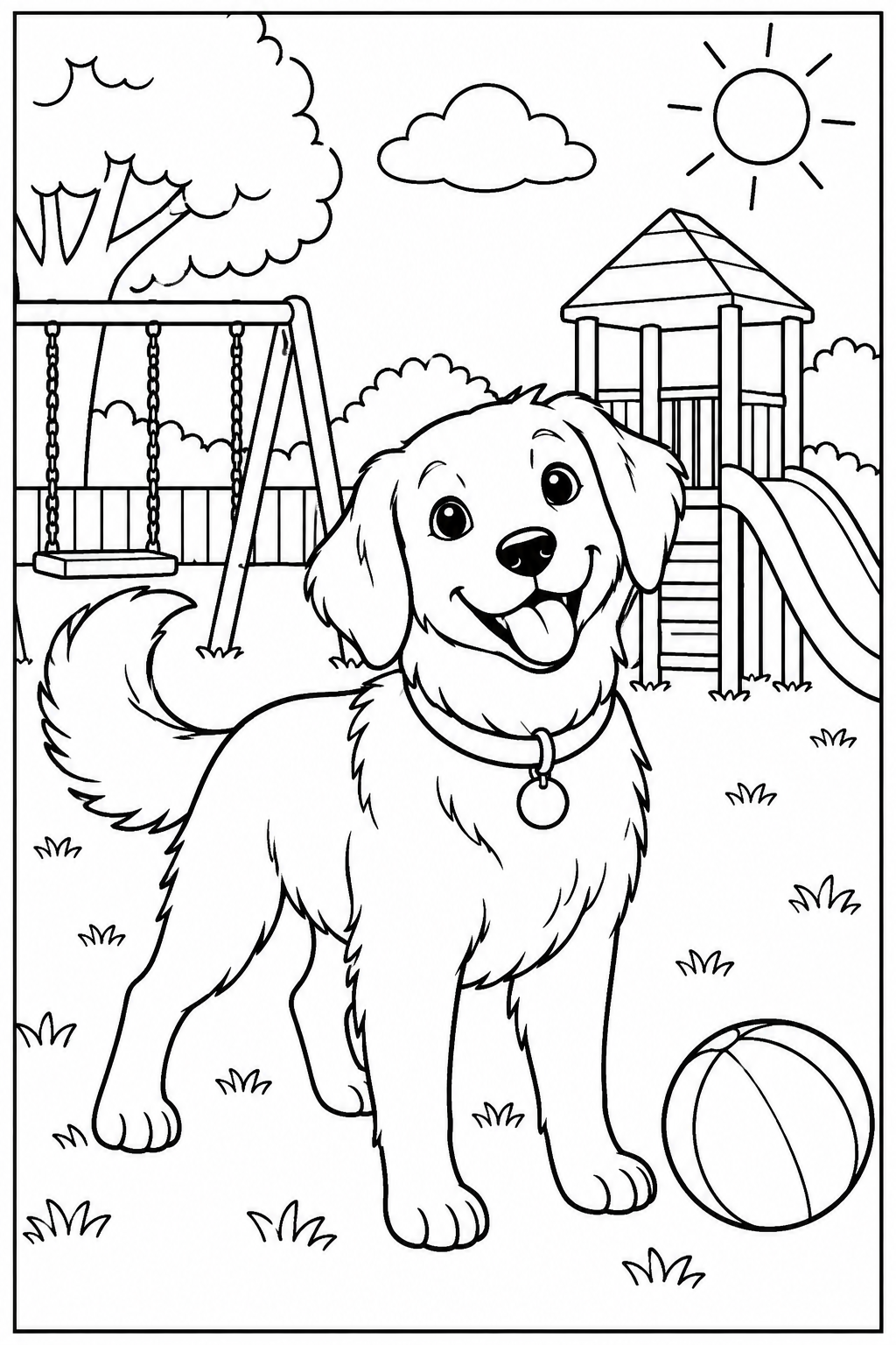 Dog at the playground — More details — printable coloring page