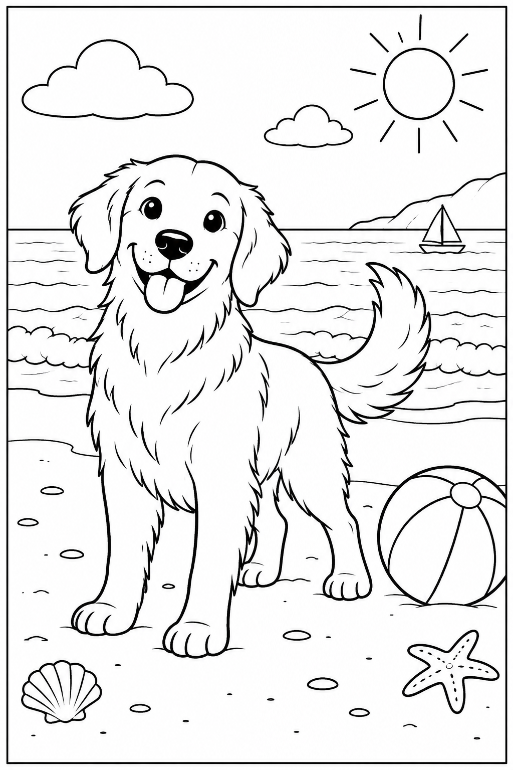 Dog at the beach — More details — printable coloring page