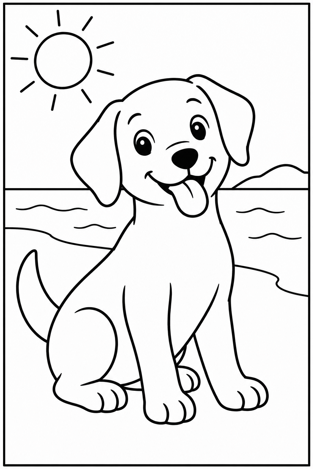 Dog at the beach — Large shapes — printable coloring page