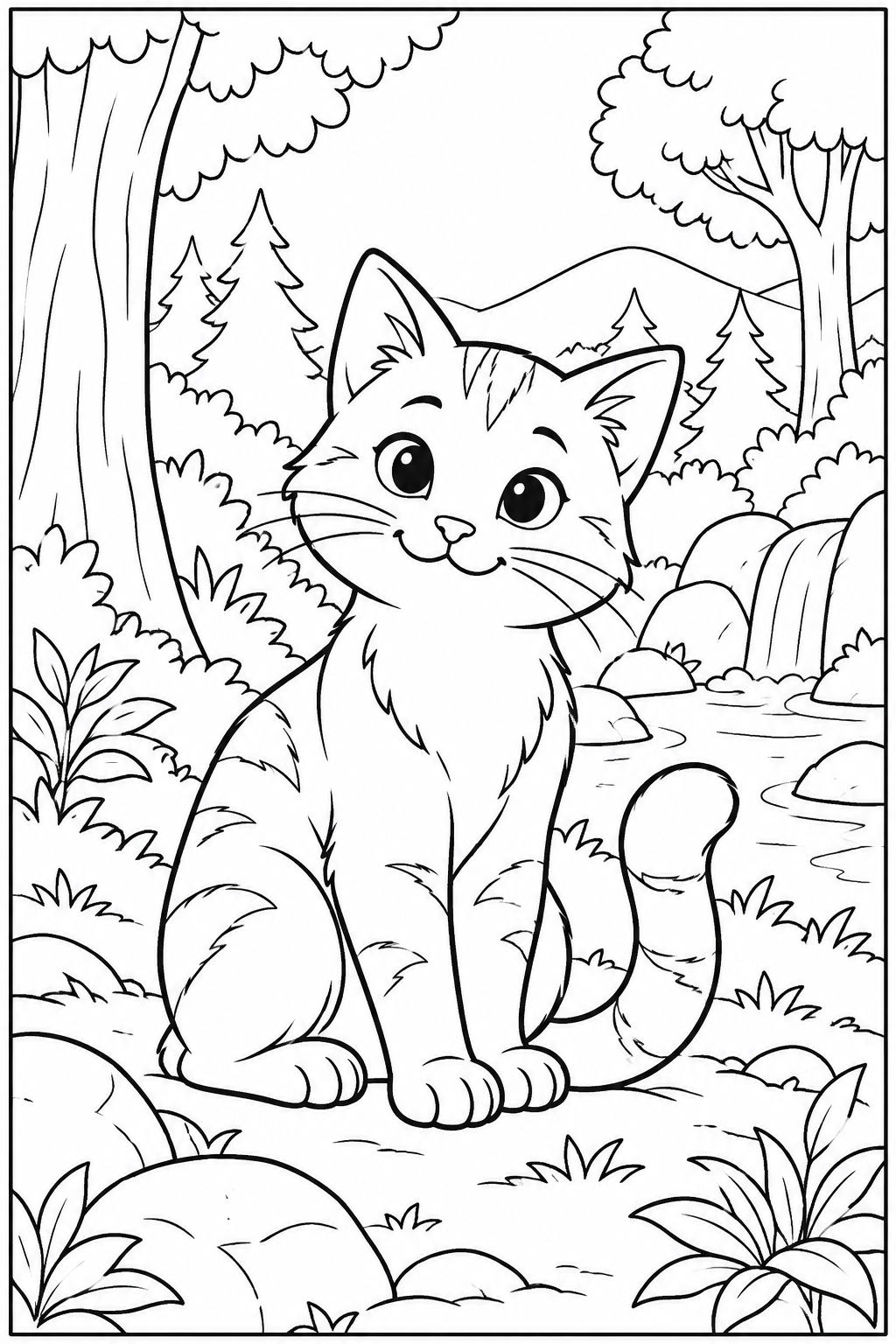 Cat in the forest — More details — printable coloring page